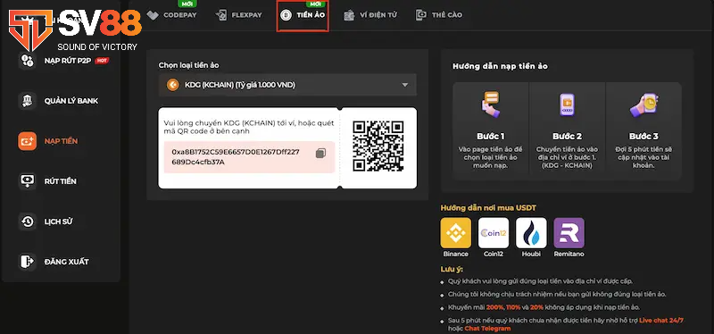 Hướng dẫn các bước nạp tiền SV88 bằng tiền ảo