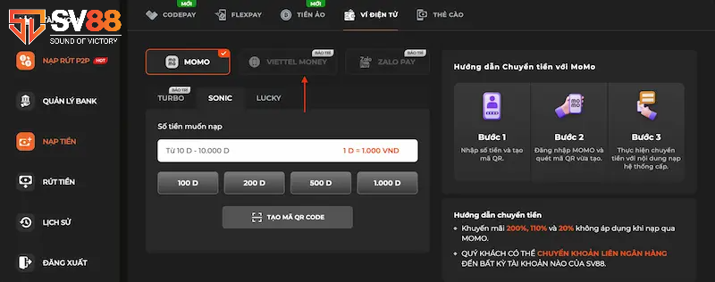 Hướng dẫn nạp tiền SV88 thông qua ví điện tử